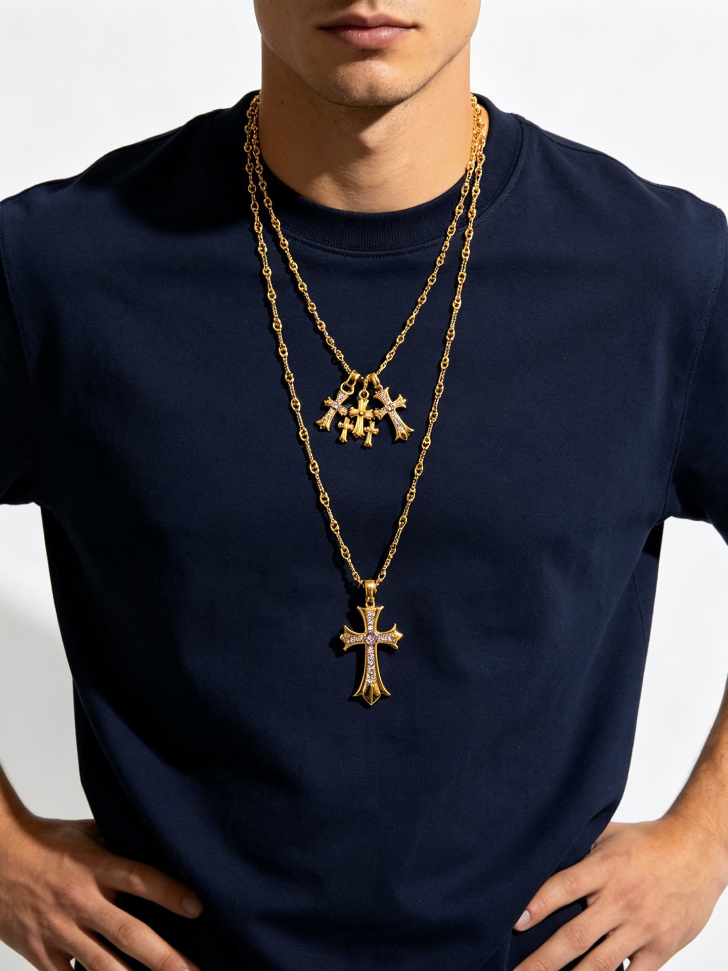 Chrome Hearts Gold Cross Pendant Necklace with Pink Stones
